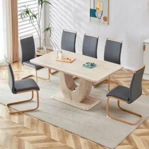 Modern minimalist luxury MDF rectangular dining table with light yellow textured stickers on the table. Suitable for restaurants