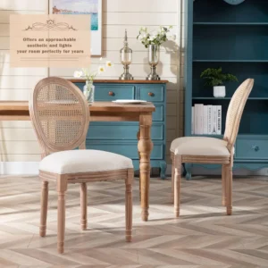 French Country Dining Chairs Set of 4,Farmhouse Fabric Chairs with Round Back,Rattan Dining Chair,Oval Side Chairsfor Restaurant