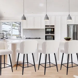 Modern Counter Height Bar Stools Set of 4, 26 Inch Faux Sherpa Upholstered, Kitchen Counter/Breakfast Bar/Restaurant, White