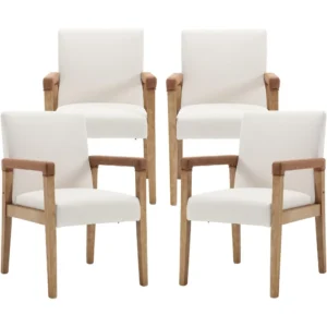 Restaurant Chairs,Mid Century Modern Dining Chairs Set of 4, Linen Fabric Kitchen & Dining Room Chairs with Solid Wood Legs