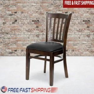 Set of 2 Vertical Slat Back Chairs Walnut Wood Frame Vinyl Seat Ideal Restaurant Kitchen Dining Room