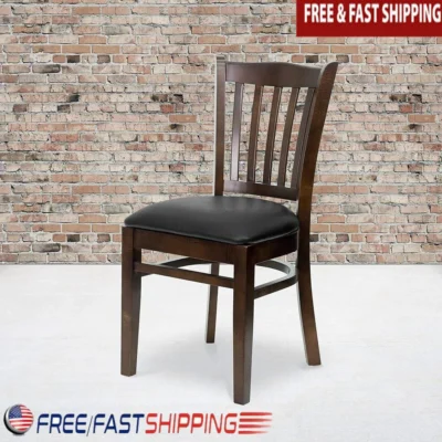 Set of 2 Vertical Slat Back Chairs Walnut Wood Frame Vinyl Seat Ideal Restaurant Kitchen Dining Room